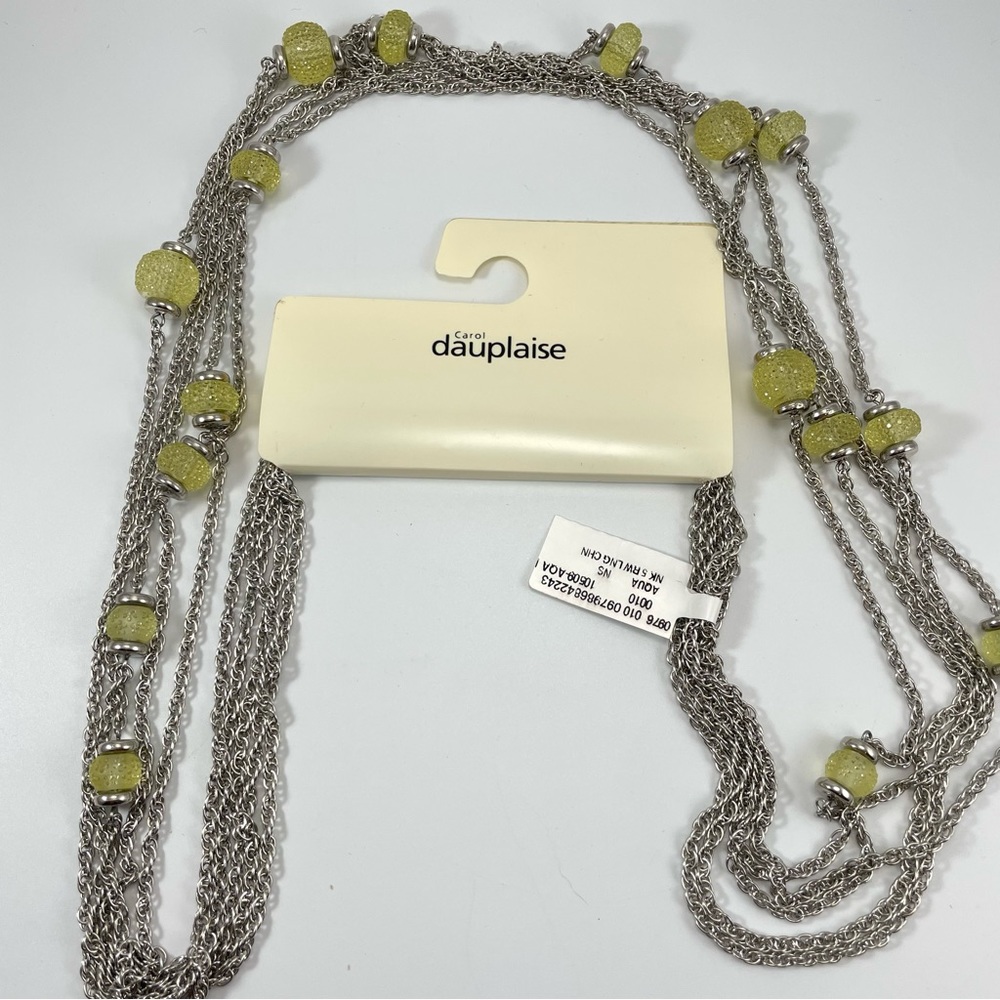 Carole Dauplaise Yellow Green Multi Layer Silver Tone Statement Boho Necklace